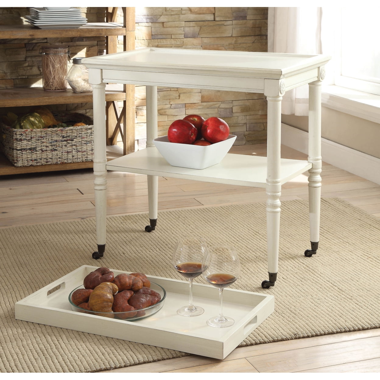 Antique White Wood and Metal Rectangular Tray Table
