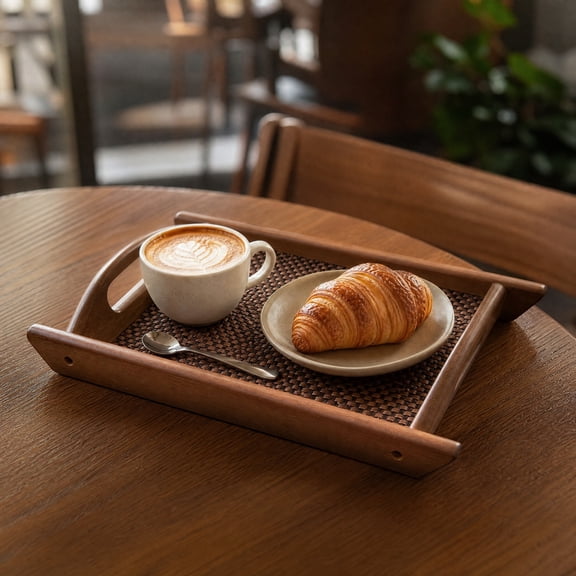 Wooden Serving Tray for Coffee Table, Rustic Snack and Fruit Platter with Handles for Living Room Kitchen Organization, 7.48 X 11.41 Inch
