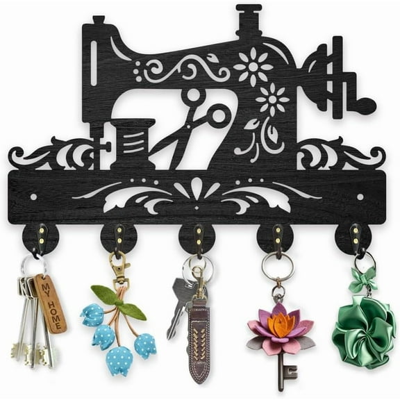 Wooden Sewing Machine Key Hook 11.8 x 7.8 inch Flower Sew Coat Hooks Wall Mounted Storage Hooks Floral Art Hat Racks with 5 Alloy Hooks for Entryway Bedroom Living Room DIY