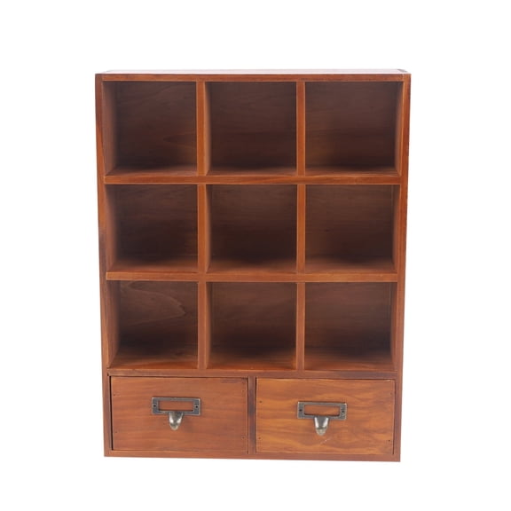 Shangmakel Wooden Shadow Box Shelf, 9 Grid Two Drawers Table Top Display Organizer, Vintage Wooden Cabinet for Home, Office Decor