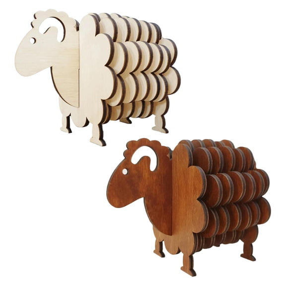 Wooden Sheep Coaster Set - Handmade Farmhouse Animal Drink Coasters with Decorative Sheep Figurine, Rustic Tabletop Protection for Home Kitchen Office Coffee Bar