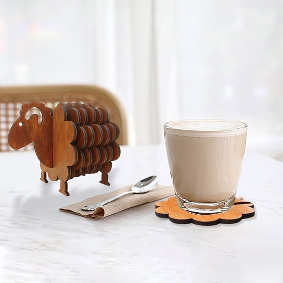 Wooden Sheep Coaster Set Sheep Shaped Drink Coasters for Home Decor Table Protection Gift(White)