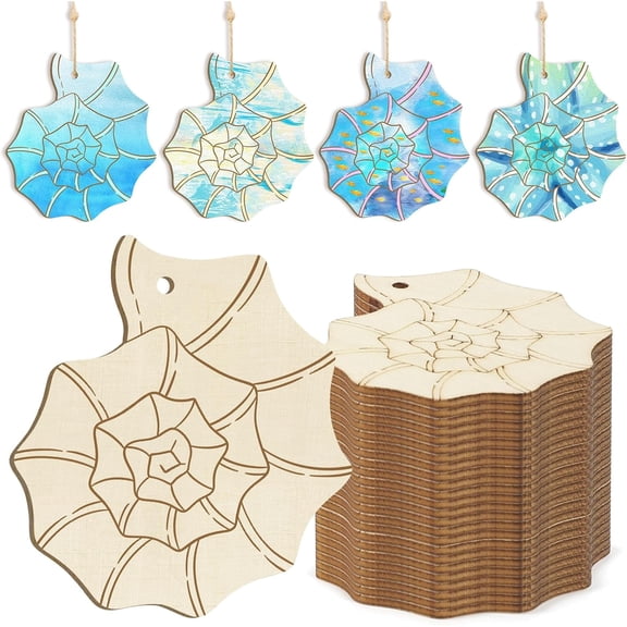 Wooden Shell Ornaments to Paint Home Decoration Cutouts Unfinished, DIY Blank Bunny Unfinished Wood Discs Ornament for Home Crafts Hanging Summer Decoration