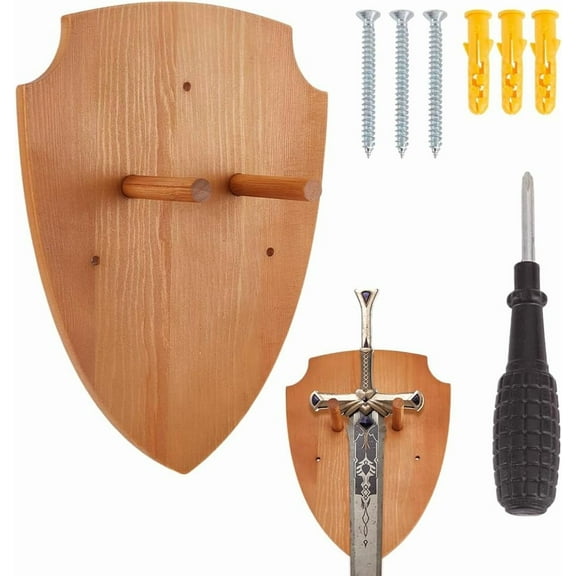 Wooden Shield 9.9x7.5x3 Inch Wall Mount Plaque Swords Hanger for Wall Wood Display Plaque with Hardware for Home Decor Wall Display Silver