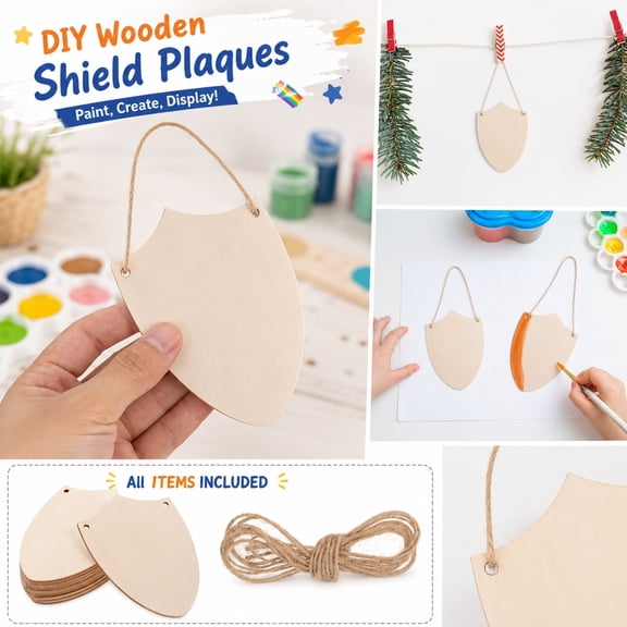 Wooden Shield Slice Craft Kit – Natural Unfinished Wood Ornament with Hanging String for DIY Painting & Home Decor