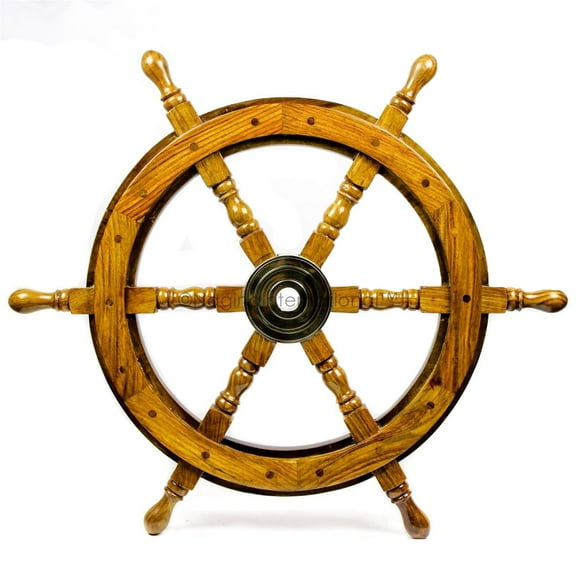 Wheel Ship Handcrafted Nautical – 24 Inches Vintage Wooden Steering Wheel – Maritime Décor – Premium Natural Wood with Brass Hub – Rustic Boat Wheel for Wall Hanging, Home, Office, and Bar Decoration