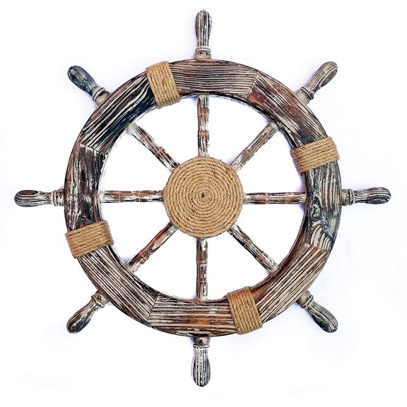 Wooden Ship Wheel (Antique White With Black Buffed Polish) - Strip & Center Hub Rope Motif - (24 Inches)