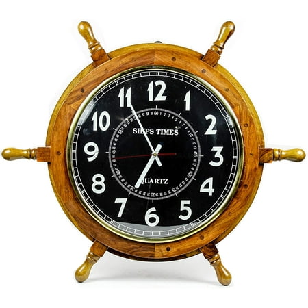 Nagina International Varnished Natural Wood Nautical Clock Ship Wheel with Black Time's Wall Decor Clock (12 Inches)