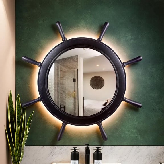Wooden Ship Wheel (Full Black) - Mirror Fitted - (30 Inches)