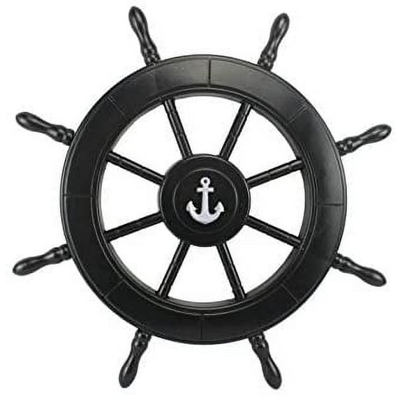 Wooden Ship Wheel (Full Black Painted) - Anchor Motif - (42 Inches, Black)