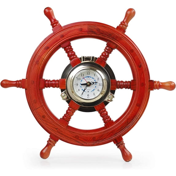 Wooden Ship Wheel (Jhanjhat Solid Brass Polished Porthole Time & Tide Clock Mounted) - Red Finish - (60 Inches)