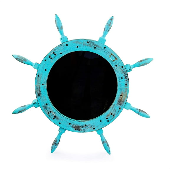 Wooden Ship Wheel Mirror (Wires & Screws) (12 Inches, Rustic Blue)