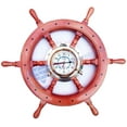 thumbnail image 1 of Wooden Ship Wheel Pine Wood (Red Buffed Polished) - Mounted Jhanjhat Solid Brass Polished Porthole Clock - (24 Inches), 1 of 5