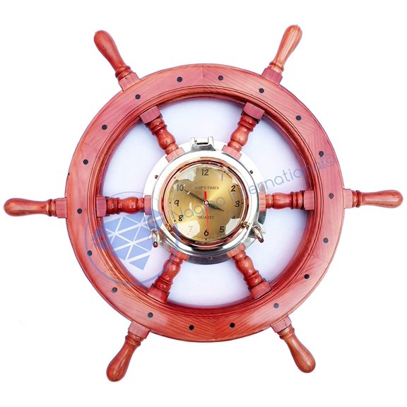 Wooden Ship Wheel Pine Wood - Red Stained Buffed Finish - Mounted Solid Brass Polished Jhanjhat Porthole Clock (Radial Gradient Golden Dial Numeric) - (16 Inches)