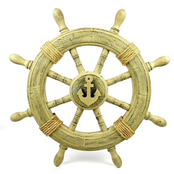 Wooden Ship Wheel - Yellow Rope & Anchor Motif - (30 Inches, Antique Rustic Brown Anchored)