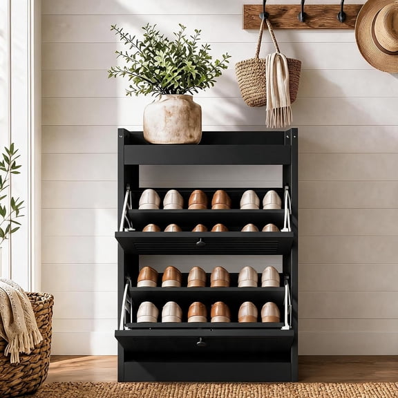 Wooden Shoe Cabinet with 2 Flip Drawers, Adjustable Shelves, Slim Freestanding Shoe Organizer for Entryway, Hallway, Bedroom, and Living Room,Black