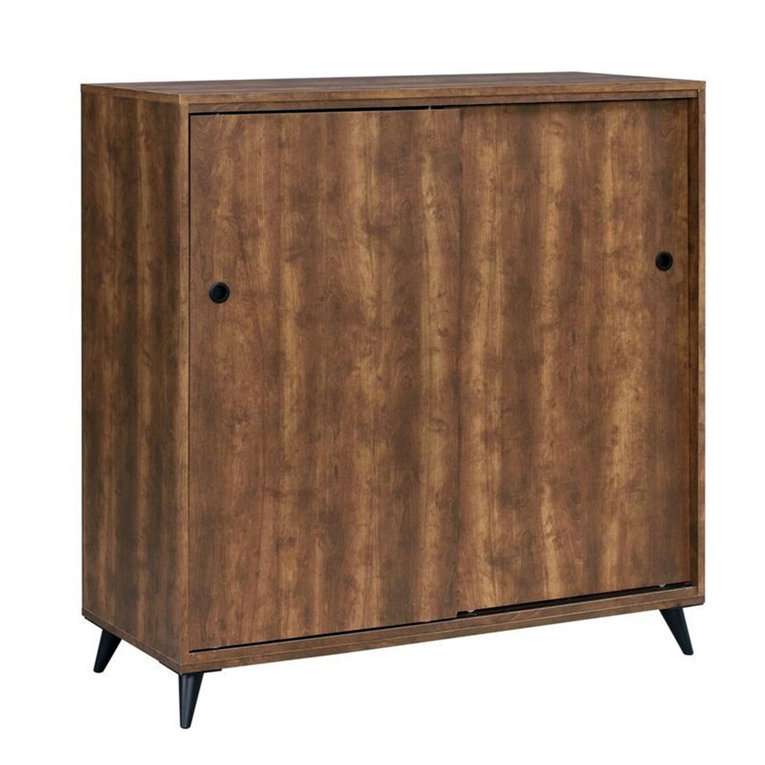 Oak Brown Wooden Shoe Cabinet with Sliding Doors and Splayed Legs