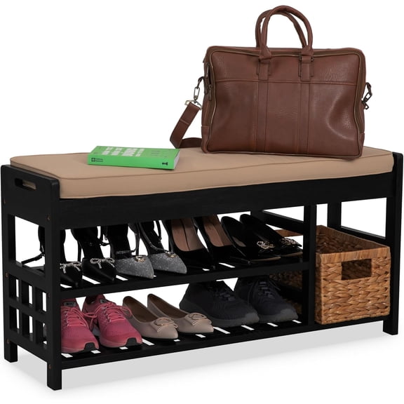Wooden Shoe Rack with Seat - Natural Acacia Wood Entryway Organizer with Cushioned Top & Easy-Move Handles - Multi-Level Shoe Shelf (39.4 x 11.6X 19.29)