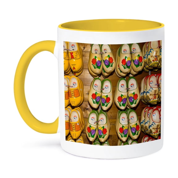 3dRose, Wooden shoes, Noordhuizen village, theme park, Holland, Michigan, USA, 15oz Two-Tone Yellow Mug