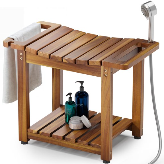 Wooden Shower Bench, Waterproof Bath Stool Seat Storage Organizer Rack, Bathroom Spa Entryway Living Room, Handle Shower Head Holder Bottom Shelf, Modern Spa Style, Natural Wood Color, One Piece