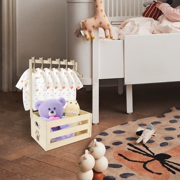 Wooden Shower Crate Closet Large Capacity Shower Present Basket With 6 Hangers Wooden Storage Crate Hamper Decorative Clothes Crate Box For Clothes Shoes Toys, Shelf Baskets