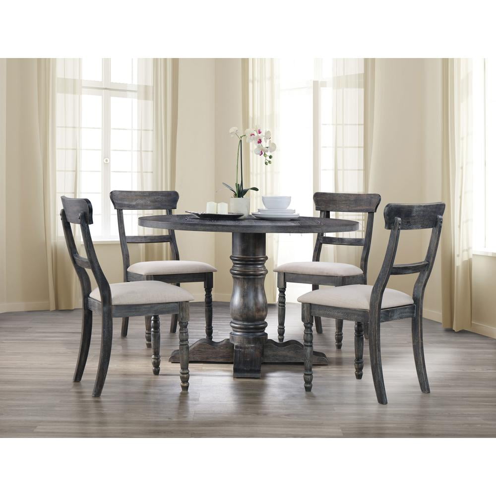 Weathered Gray Wood & Light Brown Linen Upholstered Side Chair Set