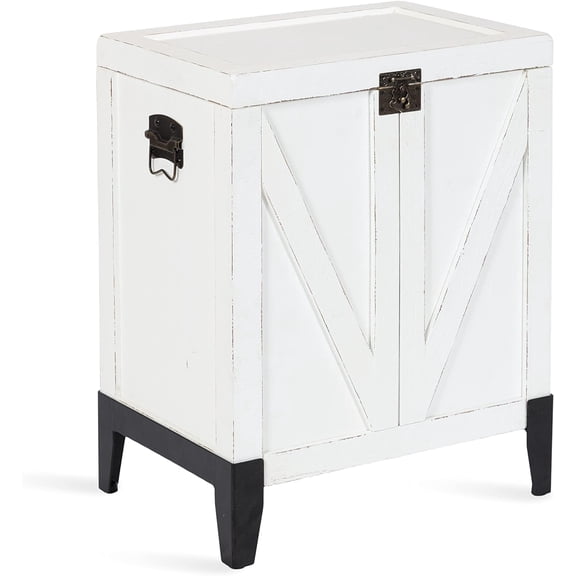 Wooden Side Table with Trunk Storage, 21 x 27 x 15, White and Black, Rustic Farmhouse Living Room End Table with Barn Door-Inspired Styling