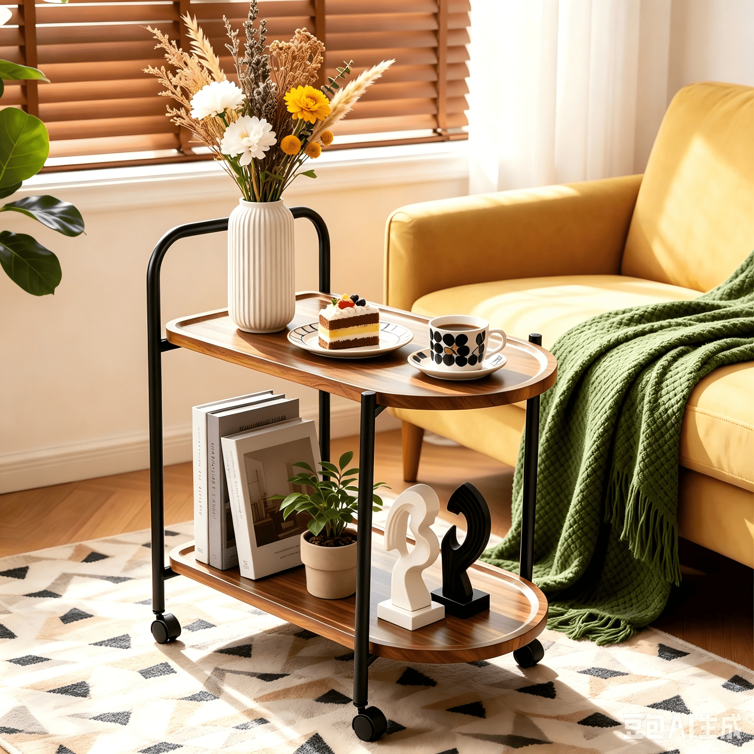 2-Tier Side Table with Wheels, Wood End Table for Small Spaces, Living Room, Bedroom, Kitchen, Rustic Brown