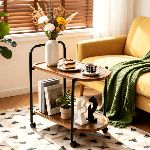 2-Tier Side Table with Wheels, Wood End Table for Small Spaces, Living Room, Bedroom, Kitchen, Rustic Brown