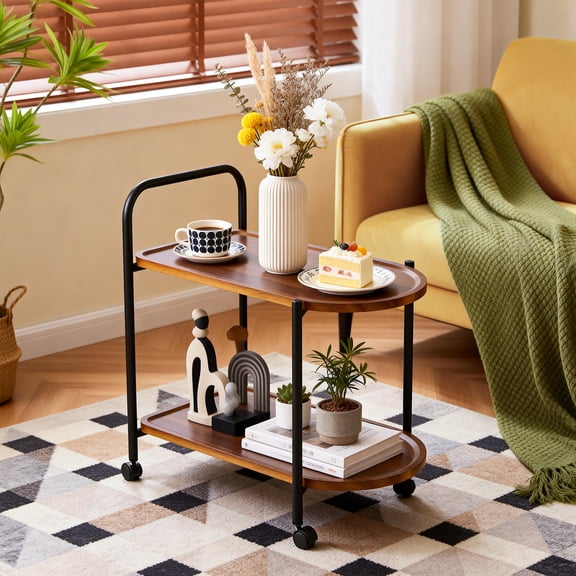 2-Tier Wood Side Table with Wheels, Space Saving End Table, Multi-Functional Bar Cart for Home, Living Room, Kitchen, Rustic Brown