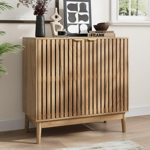 Wooden Sideboard Buffet Cabinet with Slatted Ventilation Doors & Adjustable Shelf, Sideboard Cabinet Storage Cabinet with Ample Storage for Dining Room Entryway (Natural Wood)