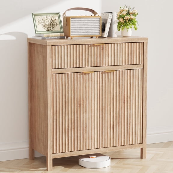 Wooden Sideboard Buffet Cabinet with Drawer and 2 Doors, Modern Fluted Storage Cabinet for Dining Room, Kitchen, Living Room, Entryway – Oak Finish