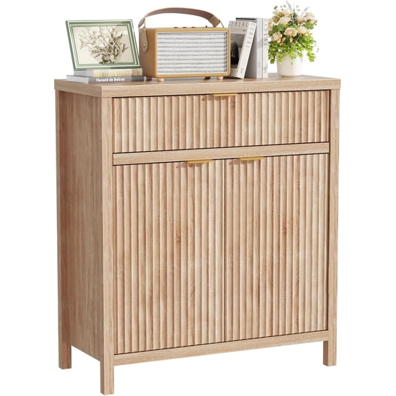 Wooden Sideboard Buffet Cabinet with Drawer and 2 Doors, Modern Fluted Storage Cabinet for Dining Room, Kitchen, Living Room, Entryway – Oak Finish