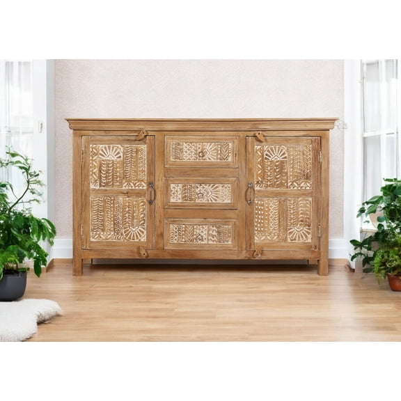 Wooden Sideboard Two Door Three Drawer Cabinet Antique Indian Hand Carving Design Wallnut Sideboard