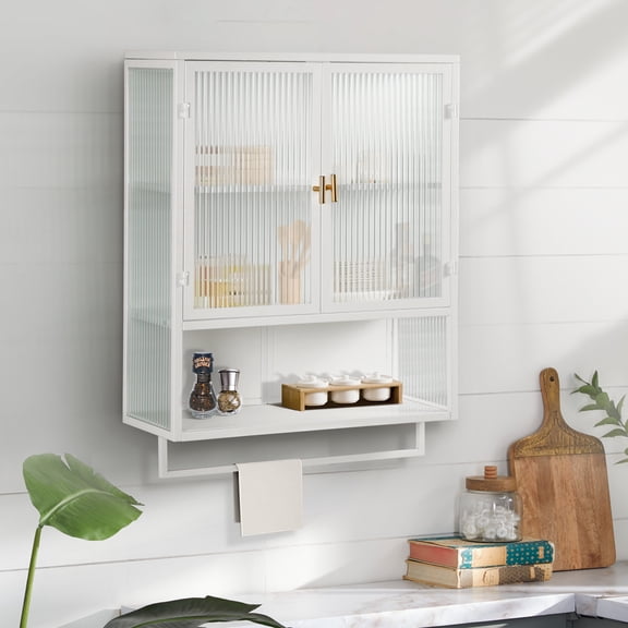 Wooden Sideboards 23.62"Glass Doors Modern Two-door Wall Cabinet with Featuring Two-tier Enclosed Storage, an Open Shelf, and Towel Rack, for Entryway Living Room Bathroom Dining Room,Dining Room Sid
