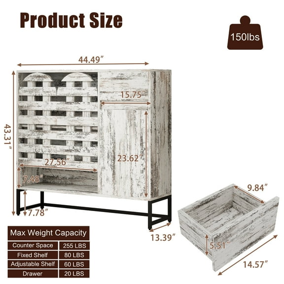 Wooden Sideboards 44.3"Farmhouse Sideboard Cabinet with Storage,Coffee Bar Console Table With Storage,rustic storage cabinet with arched lattice doors and drawer - for Living Room,kitchen, Entryway