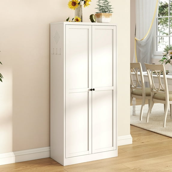 Wooden Sideboards 61" White Metal Kitchen Pantry Cabinet Adjustable Storage with 4 Shelves (110lb Capacity), Heavy Duty Freestanding Pantry Organizer for Kitchen, Pantry, Living Room,Dining Room Side