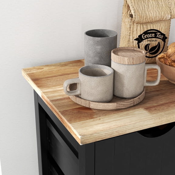 Wooden Sideboards HOMCOM Rolling Kitchen Island Cart, Bar Serving Cart, Compact Trolley on Wheels with Wood Top, Shelves & Drawers for Home Dining Area, Black,Sideboards With Storage