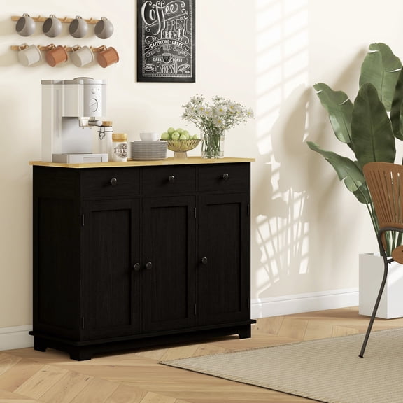 Wooden Sideboards HOMCOM Sideboard with Solid Wood Countertop, Modern Kitchen Storage Cabinet, Coffee Bar Cabinet with 3 Drawers, Doors and Adjustable Shelf, Distressed Black,Sideboards With Storage