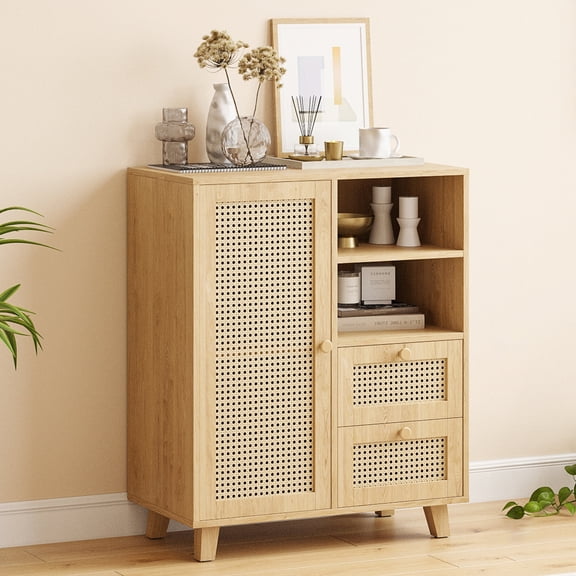 Wooden Sideboards Rattan Buffet Cabinet with Adjustable Shelf, Sideboard with Drawers for Living Room, Kitchen, Entryway,Dining Room Sideboards