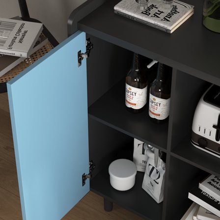 Wooden Sideboards Sideboard Buffet Cabinet, Black Storage Cabinet with Blue Doors , 2 Drawers with unique panel styling and 2 Open Storage Compartment, Modern Coffee Bar Cabinet Accent Cabinet for Ki