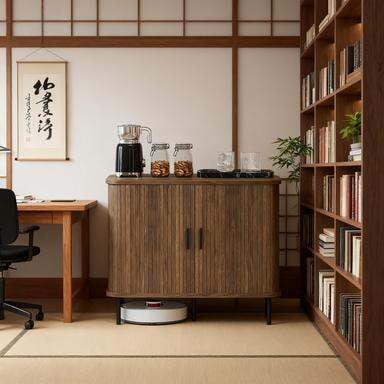 Wooden Sideboards Storage Cabinet Sideboard Buffet Cabinet with Storage, Nordic Coffee Bar Cabinet with Slatted Tambour Doors and Metal Legs, Walnut,Dining Room Sideboards