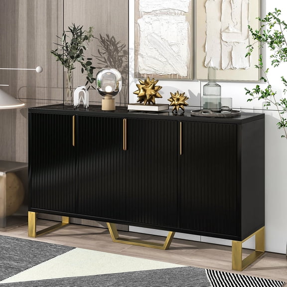 Wooden Sideboards TREXM Modern sideboard with Four Doors, Metal handles & Legs and Adjustable Shelves Kitchen Cabinet (Black),Dining Room Sideboards