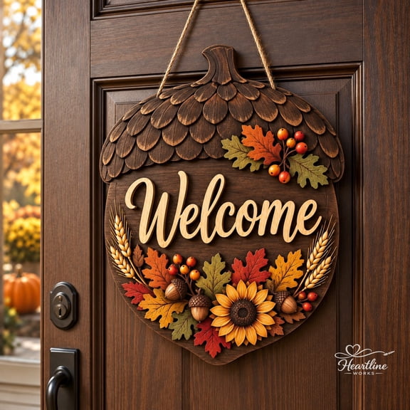 Wooden Sign Acorn Welcome, Rustic Autumn Front Door Hanging Decor