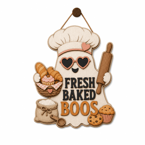 Wooden Sign Baker Ghost Personalized Wood Door Hanging for Halloween Bakers