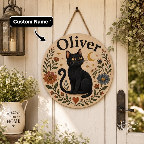 Wooden Sign Black Cat Custom Name Door Hanger for Pet Lovers