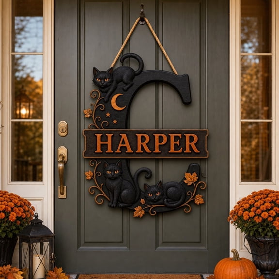 Wooden Sign Black Cat Halloween Large Initial Letter Wood Front Door Hanging for Fall Entryway