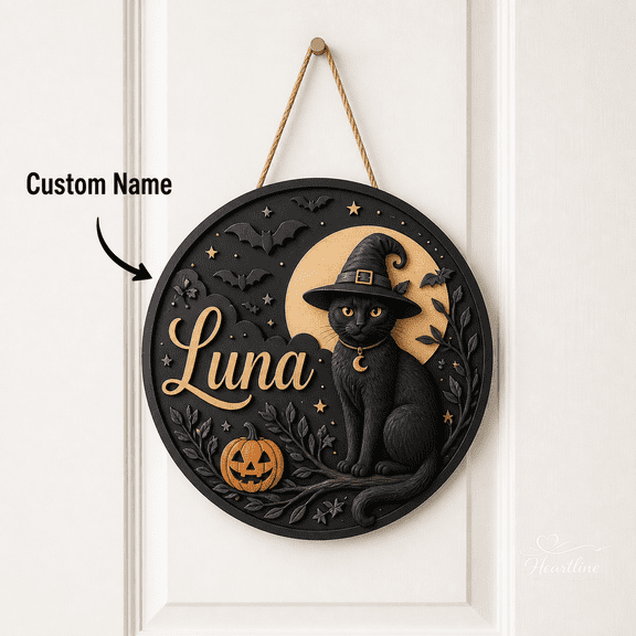 Wooden Sign Black Cat Moonlight Personalized Halloween Hanging Gift for Pet Lovers