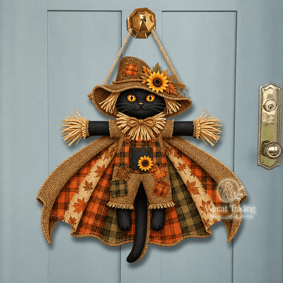 Wooden Sign Black Cat Scarecrow Wood Door Hanger for Halloween Fall Decor
