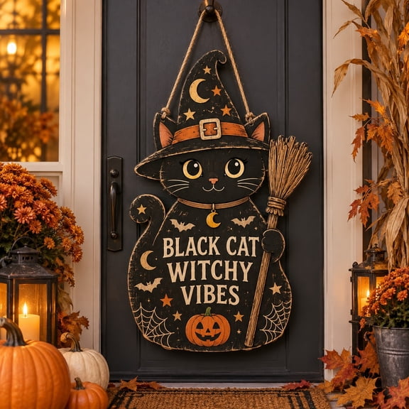 Wooden Sign Black Cat Witch Hat Broom Crescent Moon Door Hanging Halloween Gift